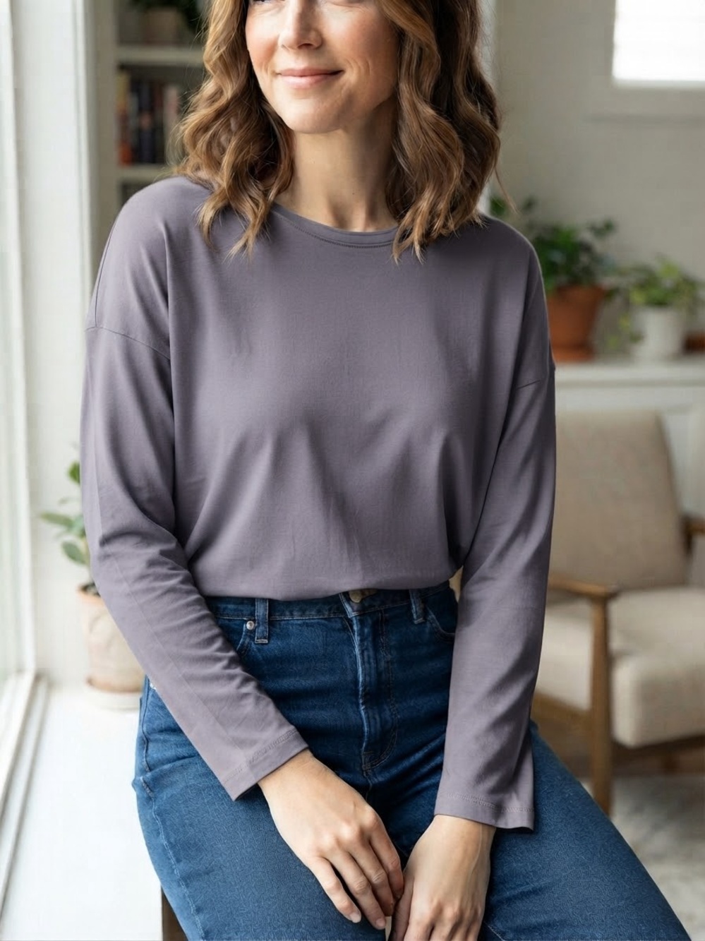Vince | Long Sleeve Crewneck Pima Cotton Top in Dusty Lavender | Sz S